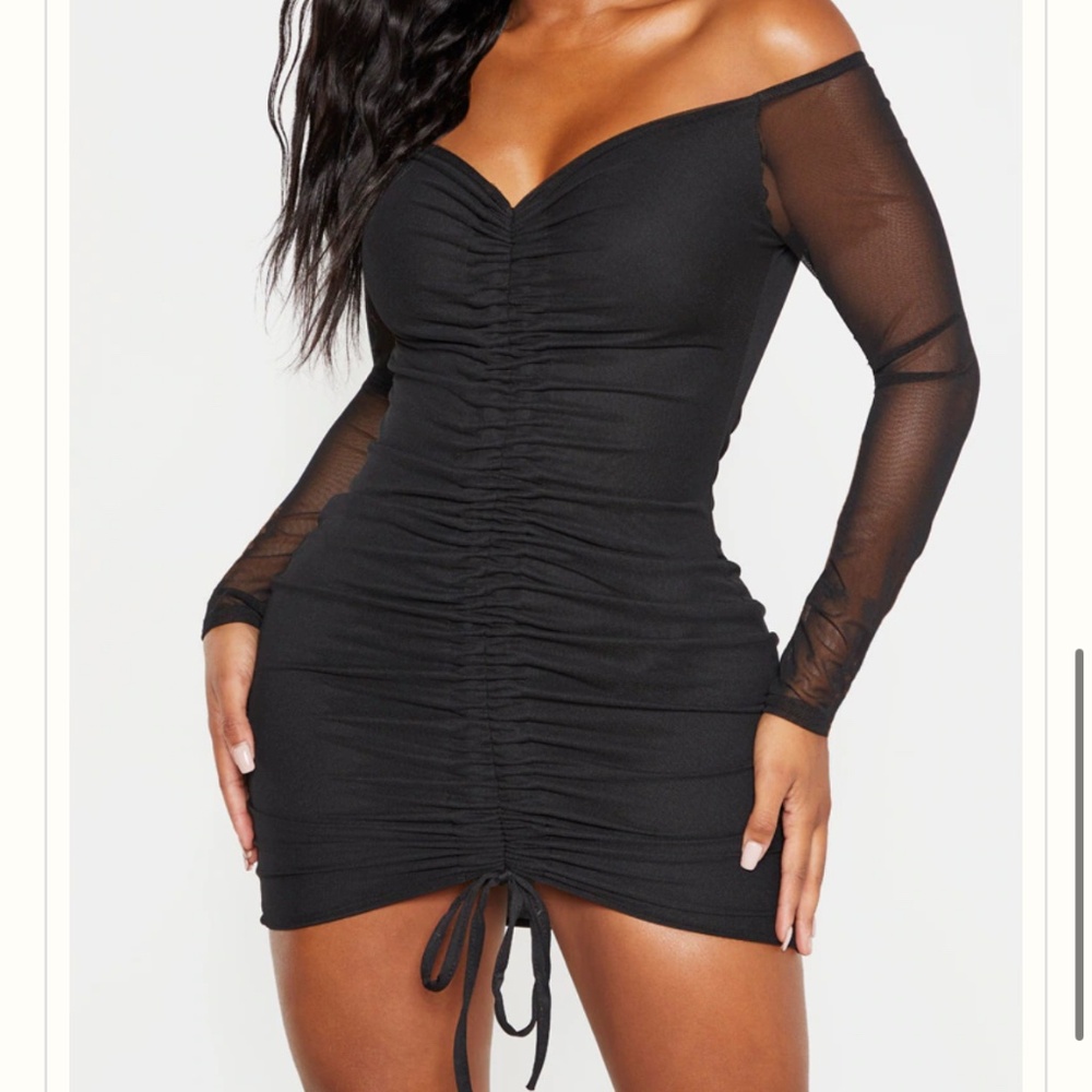 SHAPE BLACK MESH RUCHED BARDOT BODYCON DRESS